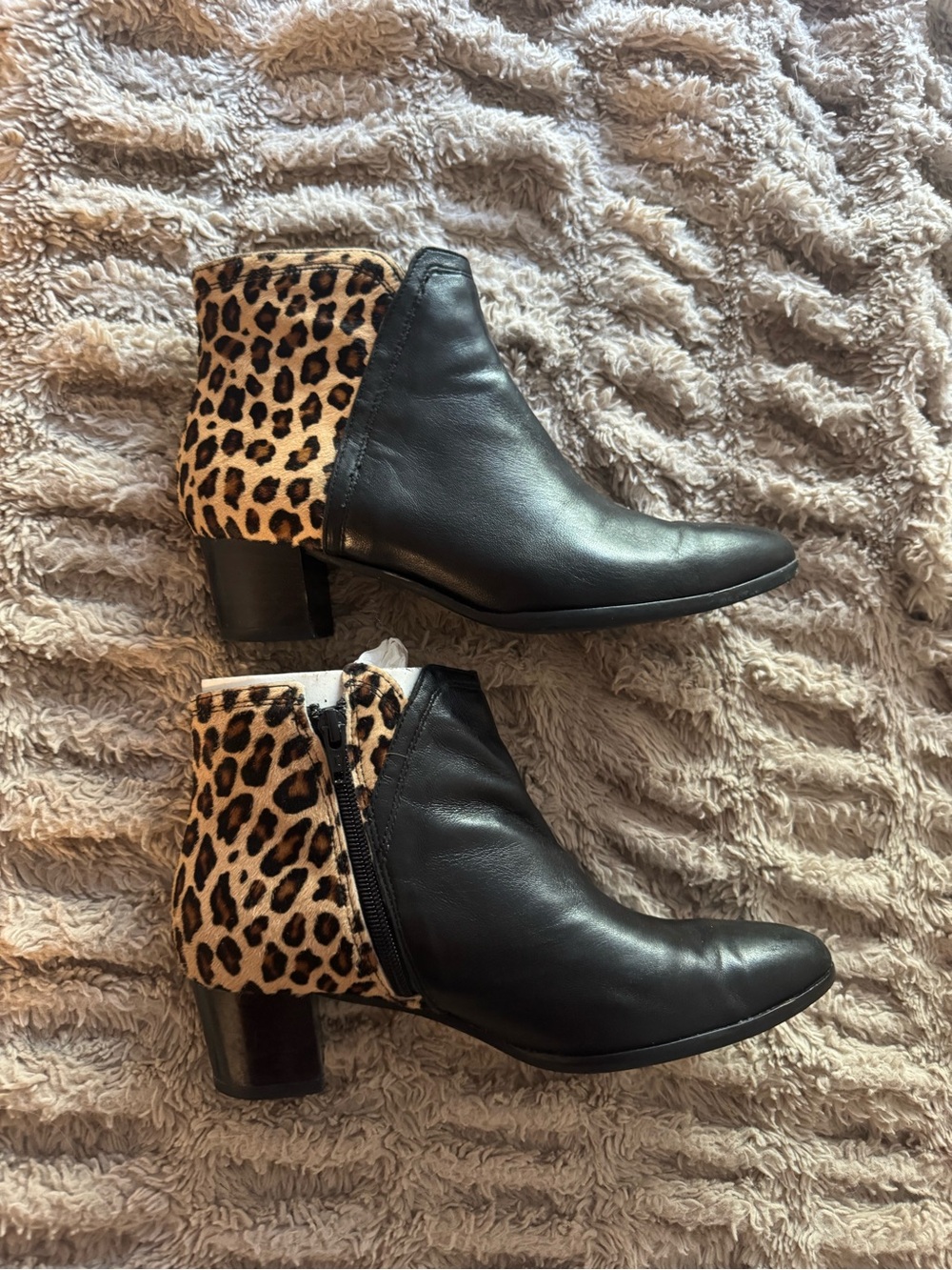Black Leather Ankle Boots with Leopard Heel Accent La Scarpa